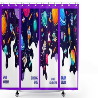 Personality  Space Posters And Flyers, Cartoon Astronauts, Aliens, Galaxy Landscape, Ufo, Spaceship And Space Stars, Vector Background. Kid Spaceman In Galaxy World With Aliens And Rockets In Galactic Sky Planets Shower Curtains