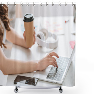 Personality  Cropped View Of Young Woman Holding Paper Cup While Using Laptop Near Headphones Shower Curtains