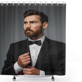 Personality  Bearded Man In Elegant Tuxedo With Bow Tie Adjusting Sleeve On Shirt Isolated On Grey Shower Curtains