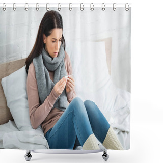 Personality  Beautiful Ill Woman With Thermometer Having Fever At Home Shower Curtains