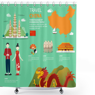 Personality  Map Of The China And Landmark Icons For Traveling Shower Curtains