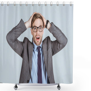 Personality  Young Surprised Businessman Holding Hands On Head Isolated On Grey Shower Curtains