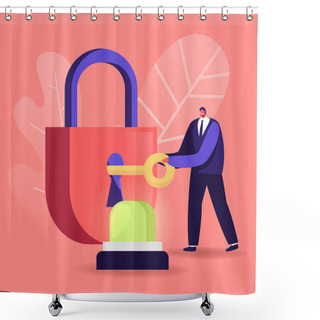 Personality  Security, Safety, Private Property Protection Concept. Tiny Male Character Close On Key Huge Padlock With Signaling Beside. Secrecy, Secure Protecting, Home Defense. Cartoon Vector Illustration Shower Curtains