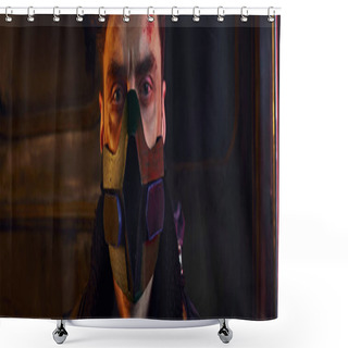 Personality  Portrait Of Man With Scratched Face Wearing Gas Mask In Darkness Of Post-disaster Subway, Banner Shower Curtains