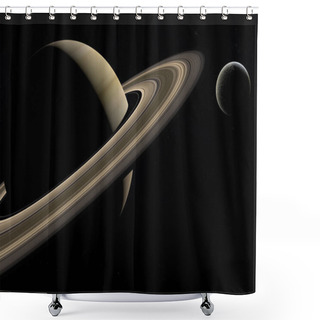 Personality  Satellite Rhea Orbiting Around Saturn Planet In The Outer Space. 3d Render Shower Curtains