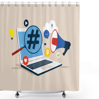 Personality  Searchable Hashtag On A Laptop Denoting Content. Communication. Vector Illustration In Flat Style Shower Curtains