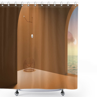 Personality  Imaginary Fictional Architecture, Interior Design Of Empty Space With Arched Window, Copper Armchair, Lamp, Concrete Orange Walls, Terrace With Sunrise Sunset Sky Sea Panorama Shower Curtains