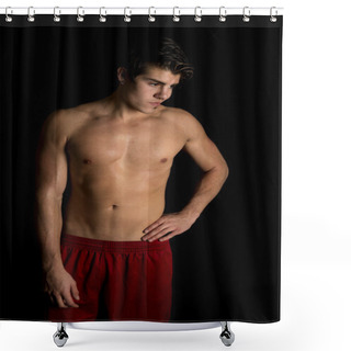 Personality  Man No Shirt Red Shorts Stand On Black Hand Hip Shower Curtains