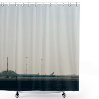 Personality  Aeroplanes On Airport Highway With Sunset Sky At Background Shower Curtains