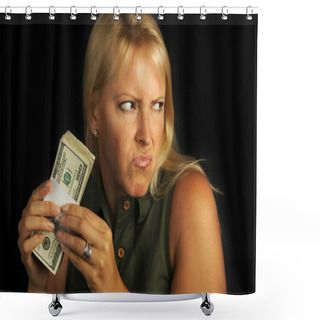 Personality  Woman On Black Holding Stack Of Money Shower Curtains