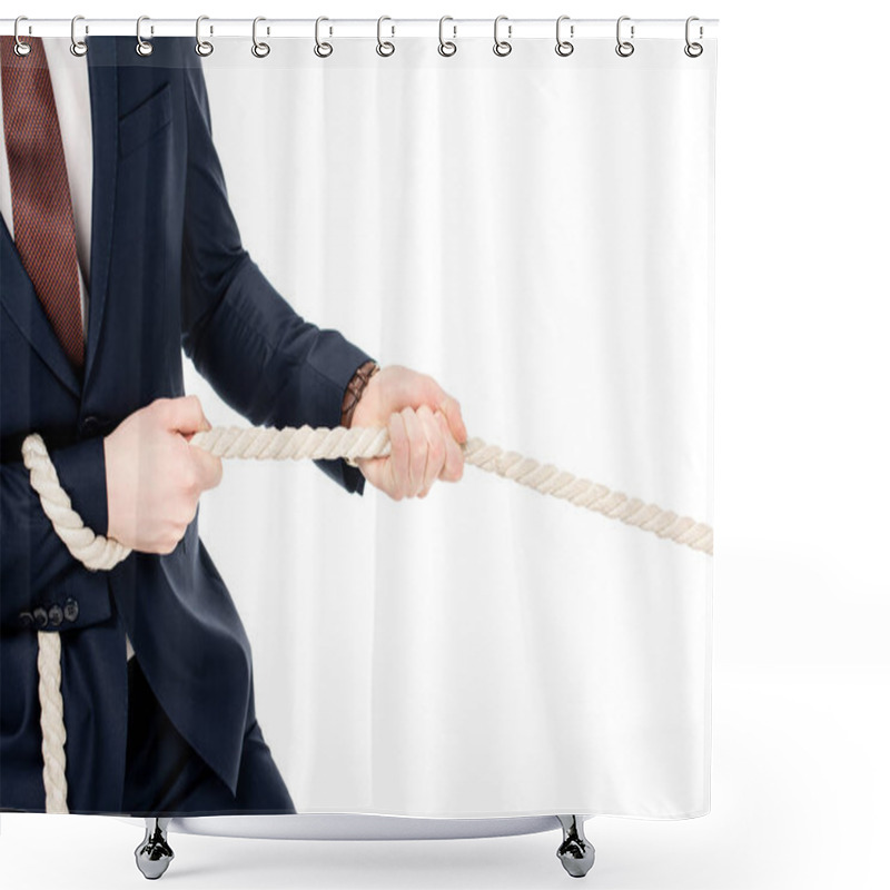 Personality  Cropped View Of Businessman Pulling Rope Isolated On White Shower Curtains