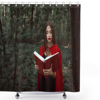 Personality  Attractive Mystic Woman In Red Cloak And Wreath Reading Magic Book In Forest Shower Curtains