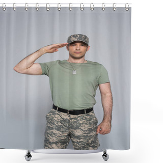 Personality  American Patriot In T-shirt And Military Cap Saluting During Memorial Day Isolated On Grey, Banner  Shower Curtains
