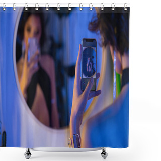 Personality  Blurred Young Asian Woman In Dress Taking Selfie On Smartphone Near Mirror In Night Club Shower Curtains