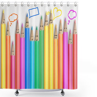 Personality  Group Of Coloured Smiling Pencils With Social Chat Sign And Speech Bubbles. Shower Curtains