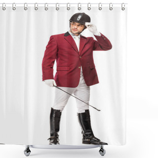 Personality  Handsome Young Horseman In Uniform Holding Horseman Stick And Looking Away Isolated On White Shower Curtains