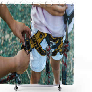 Personality  Cropped View Of Kid Touching Safety Equipment Near Friend  Shower Curtains