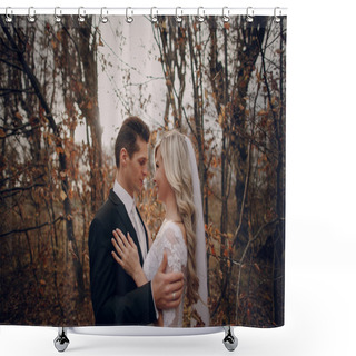Personality  Bride Walking In Golden Autumn Nature Shower Curtains