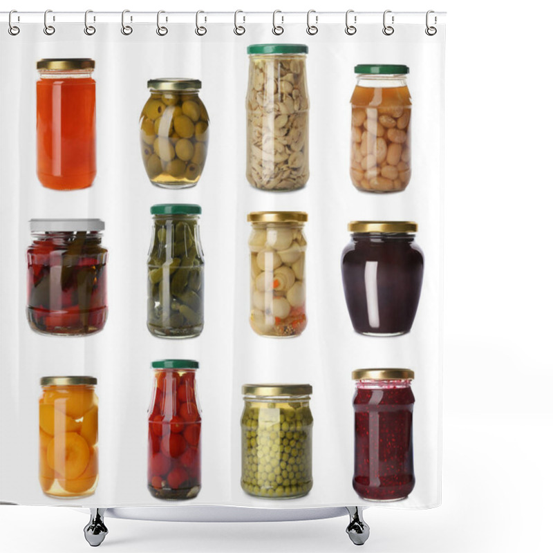 Personality  Set Of Jars With Jams And Pickled Foods On White Background Shower Curtains