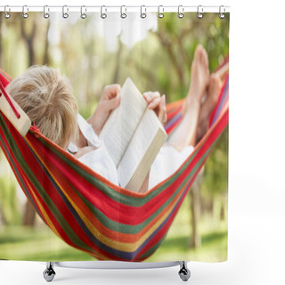 Personality  Senior Woman Relaxing In Hammock With Book Shower Curtains