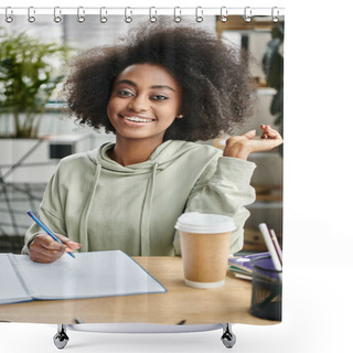 Personality  A Woman In A Serene Moment, Seated At A Table With A Notebook And Pen, Engrossed In Thought And Capturing Ideas. Shower Curtains