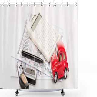 Personality  Panoramic Shot Of Red Toy Car, Keys, Pen And Documents On White Surface Shower Curtains