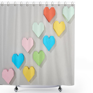 Personality  Top View Of Colorful Paper Hearts On Grey Background Shower Curtains