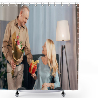 Personality  Happy Woman Sitting With Gift Box And Smiling Near Cheerful Husband Holding Flowers  Shower Curtains
