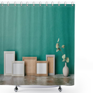 Personality  Vase With Eucalyptus Branch And Different Photo Frames On Green Background Shower Curtains