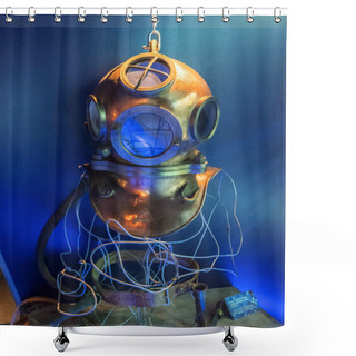 Personality  Cherbourg, France - August 26, 2018: Copper Diving Helmet In The Maritime Museum La Cite De La Mer Or City Of The Sea In Cherbourg, Normandy, France Shower Curtains