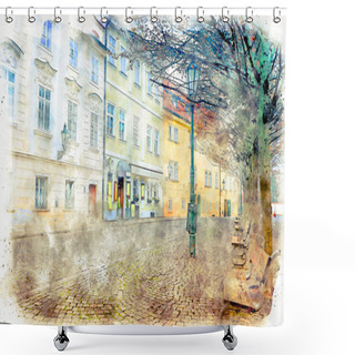 Personality  Watercolor Style And Abstract Illustration Of Prague Alley With Old Houses, Antique Street Shower Curtains
