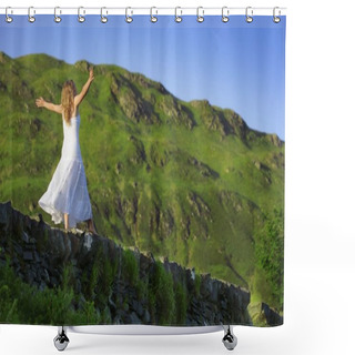 Personality  Young Woman Balancing On Rock Wall Ledge Shower Curtains