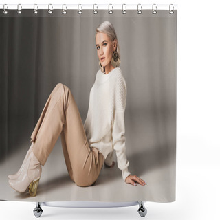 Personality  Stylish Beautiful Girl Posing In White Sweater And Autumn Heels, On Grey  Shower Curtains