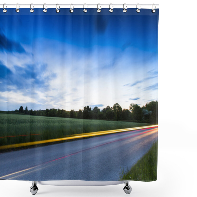 Personality  Long Exposure Highway Blue Hour Sunset Clouds Sky Road Traffic Autoroute Shower Curtains