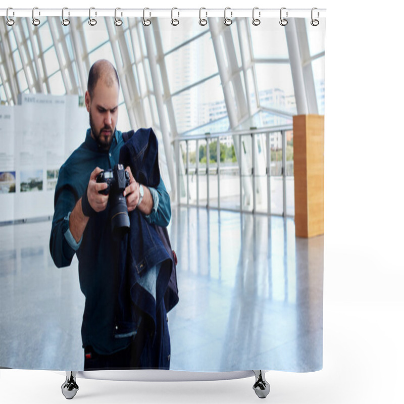Personality  Man Photographer Looking At The Pictures Shower Curtains