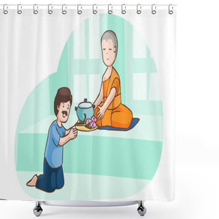 Personality  A Man Offer Food To Monk Vector  Shower Curtains