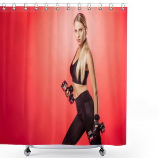 Personality  Attractive Sportswoman Training With Dumbbells Isolated On Red And Looking At Camera Shower Curtains