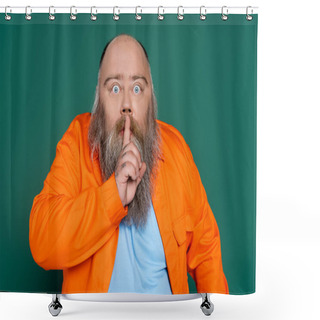 Personality  Excited Bearded Man Bulging Eyes And Showing Hush Sign Isolated On Green Shower Curtains