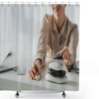 Personality  Cropped View Of Businesswoman Sitting At Workplace With Zen Stones, Smartphone And Laptop  Shower Curtains