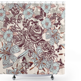 Personality  Floral Vintage Pattern With Rose Flowers And Lily, Vector Graphi Shower Curtains