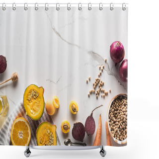 Personality  Top View Of Textile With Pumpkin, Beetroot, Onions, Carrots And Chickpea On Marble Surface Shower Curtains