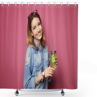 Personality  Beautiful Young Woman With Lemonade  Shower Curtains