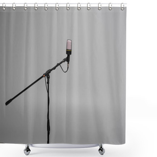 Personality  Black Microphone With Wire On Metal Stand Isolated On Grey With Copy Space, Studio Shot  Shower Curtains
