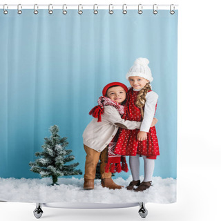 Personality  Kids In Winter Outfit Embracing Near Christmas Tree On Blue Shower Curtains