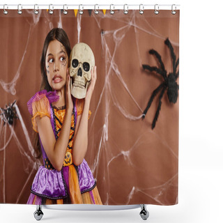 Personality  Girl In Halloween Attire Standing With Skull And Grimacing On Brown Background, Spooky Season Shower Curtains