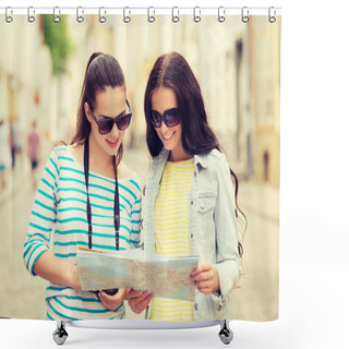 Personality  Smiling Teenage Girls With Map Shower Curtains