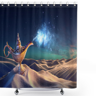 Personality  Lamp Of Wishes In The Desert - Genie Coming Out Of The Bottle Shower Curtains