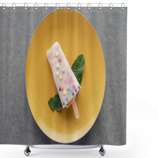 Personality  Top View Of Delicious Fruity Popsicle With Green Mint Leaves On Yellow Plate On Grey  Shower Curtains