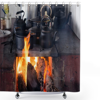 Personality  Iron Pans Over Wood Stove With Highlighted Flames. Typical Wood Oven In The Countryside Of Brazil. Sao Paulo State Shower Curtains