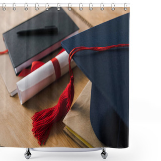 Personality  Selective Focus Of Notebooks With Pen, Diploma And Graduation Cap On Wooden Background Shower Curtains